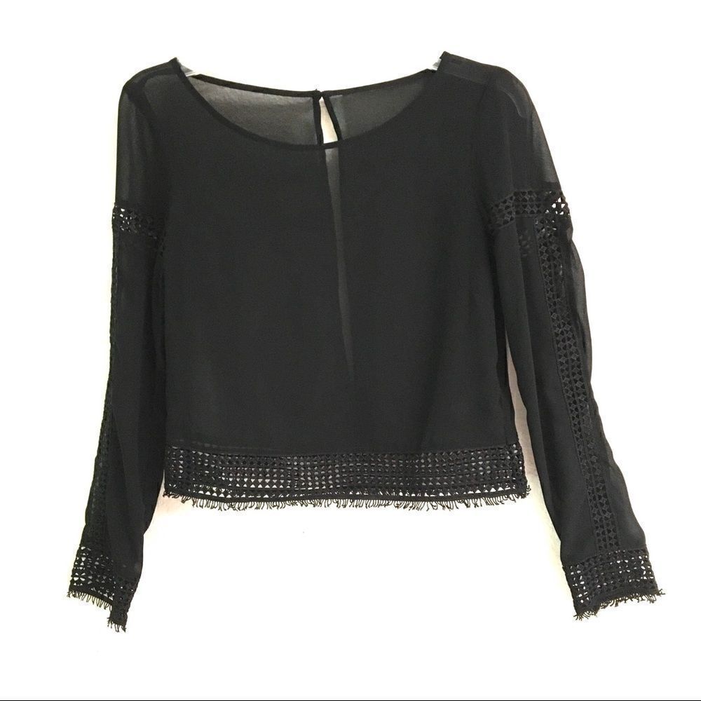 H&M black sheer lace long sleeve blouse S*